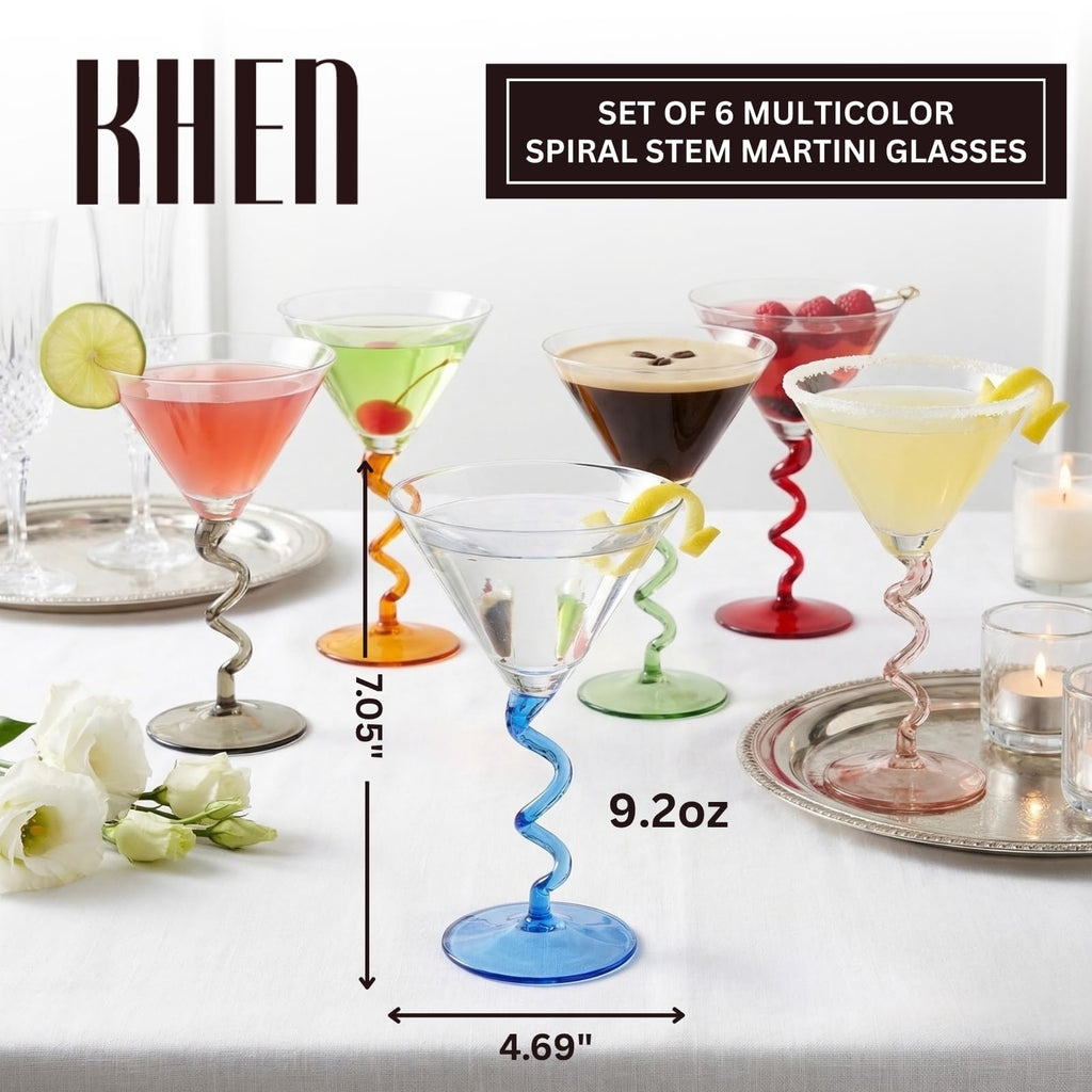 Spiral Stem Martini Glasses Set of 6, 9.2oz 7.05" Multicolor Twisted Base Glass - Che Cose Belle