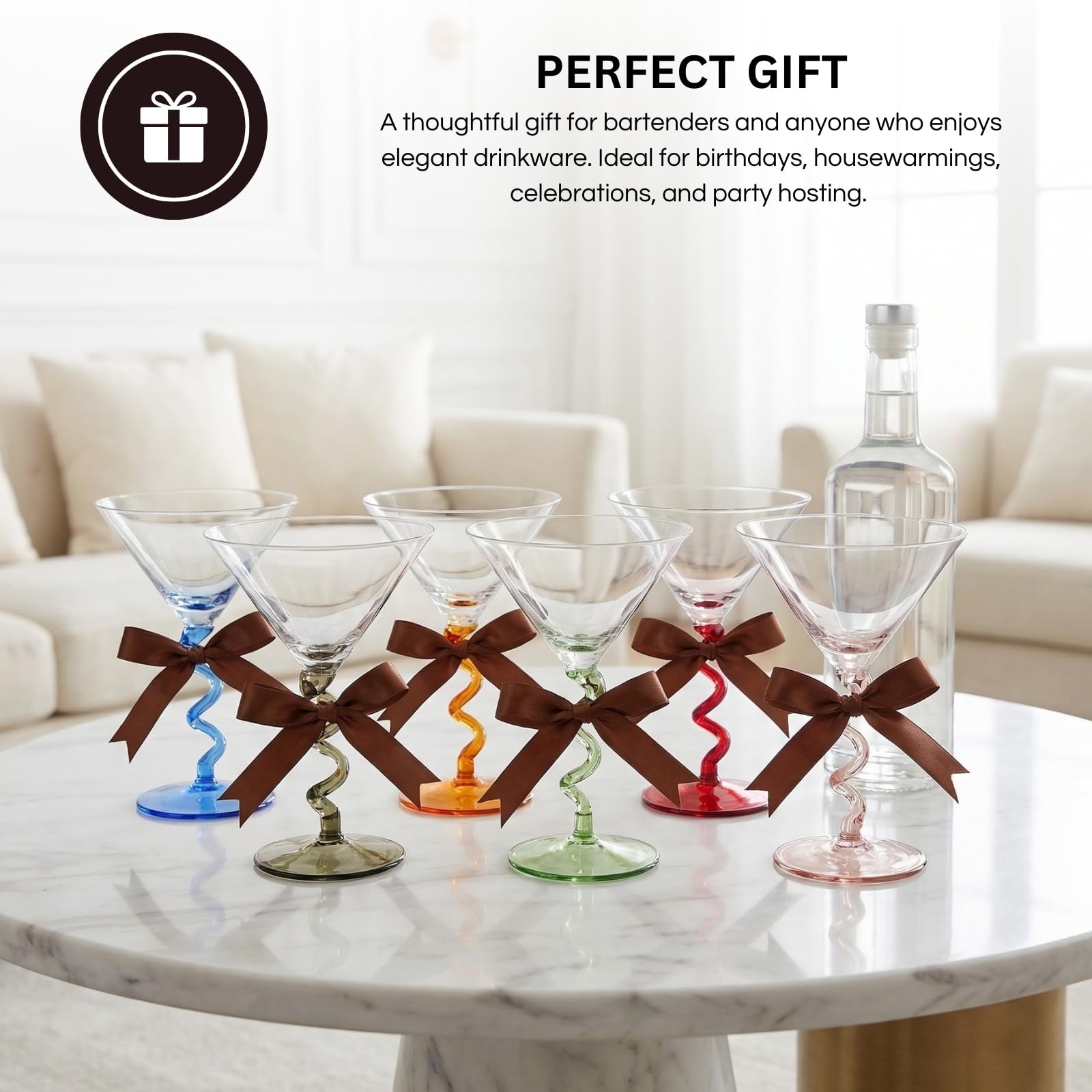 Spiral Stem Martini Glasses Set of 6, 9.2oz 7.05" Multicolor Twisted Base Glass - Che Cose Belle