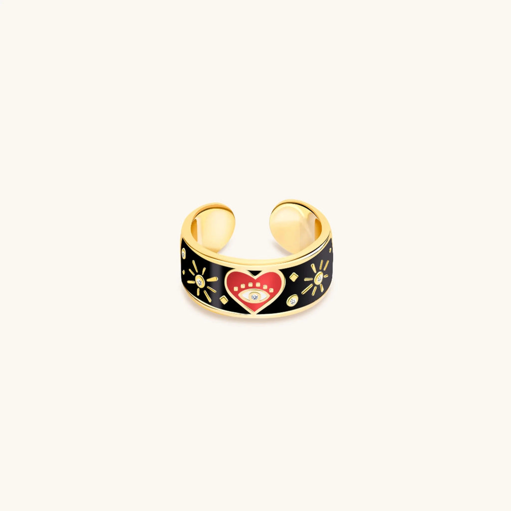 Spiritual Delight - Heart Black Enamel Diamond Ring - Che Cose Belle