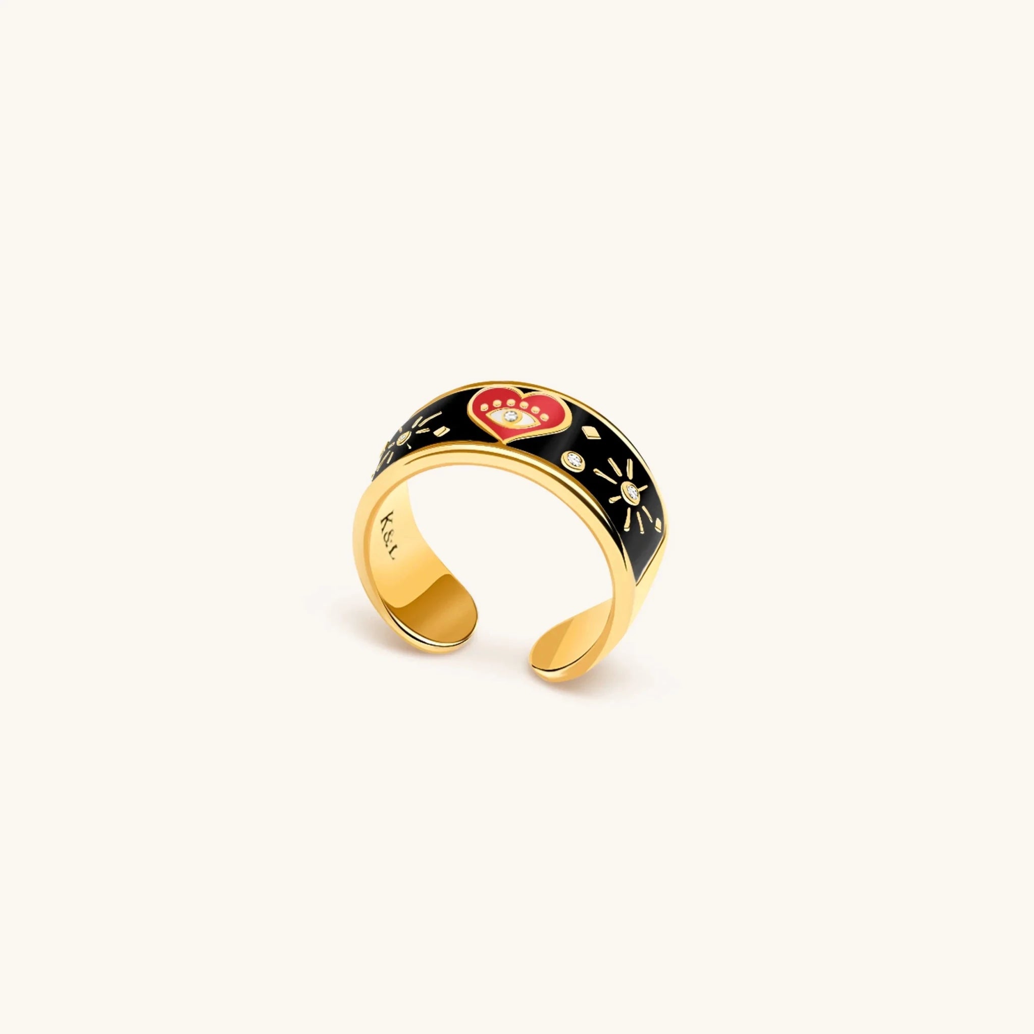 Spiritual Delight - Heart Black Enamel Diamond Ring - Che Cose Belle