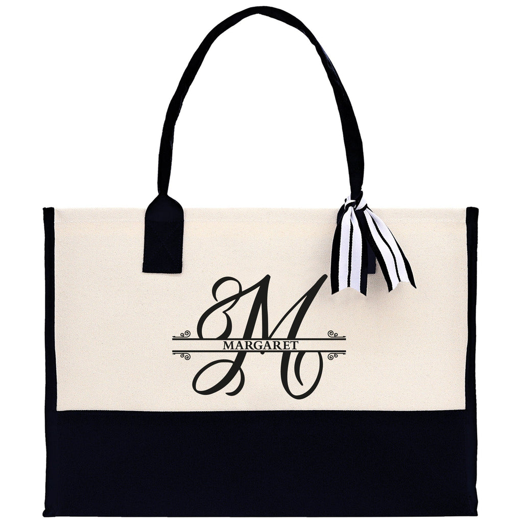 Split Initial and Name Custom Cotton Canvas Tote Bag Personalized Initial Tote Birthday Gift Wedding Gift Jewelry Box Frosted Can Glass Set - Che Cose Belle