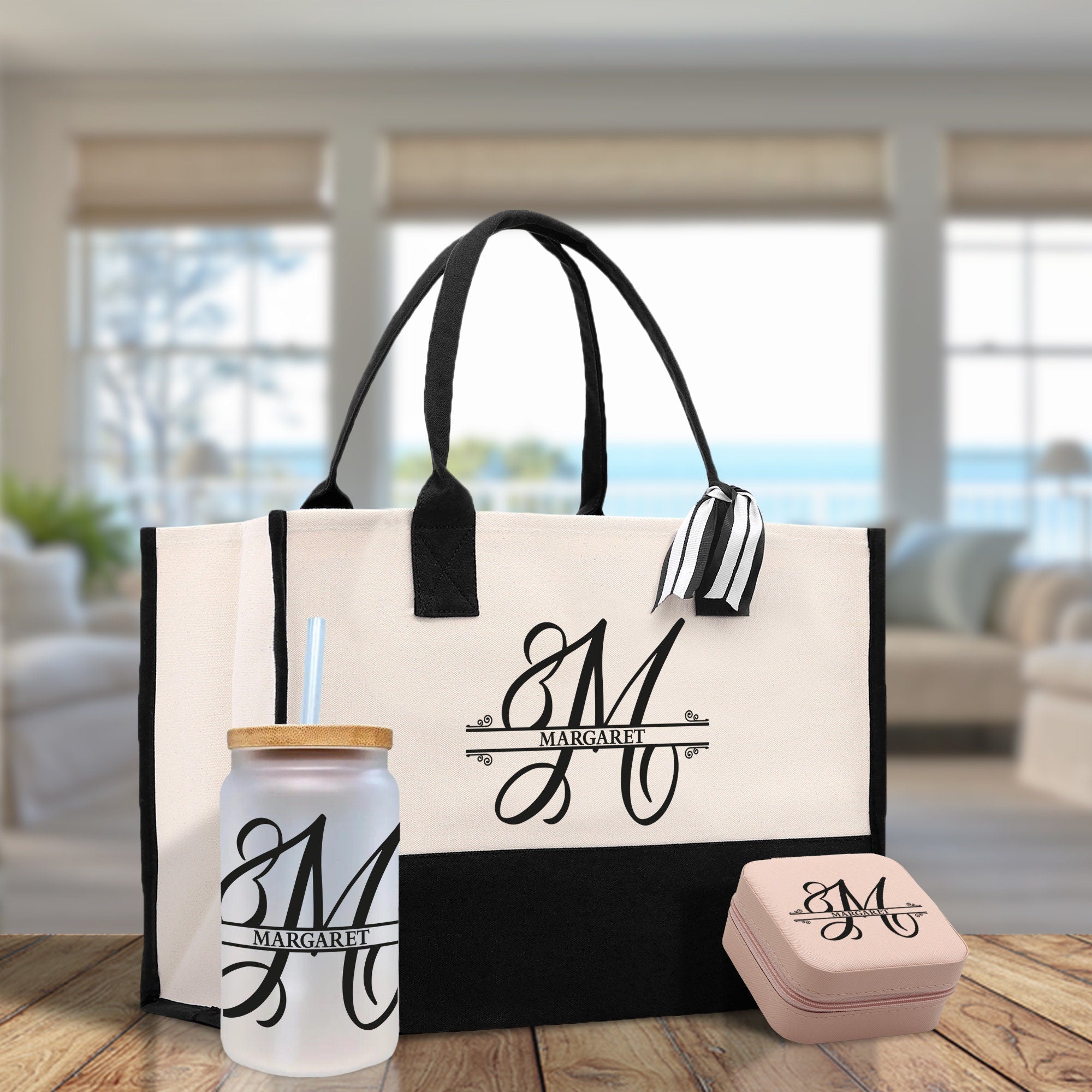 Split Initial and Name Custom Cotton Canvas Tote Bag Personalized Initial Tote Birthday Gift Wedding Gift Jewelry Box Frosted Can Glass Set - Che Cose Belle