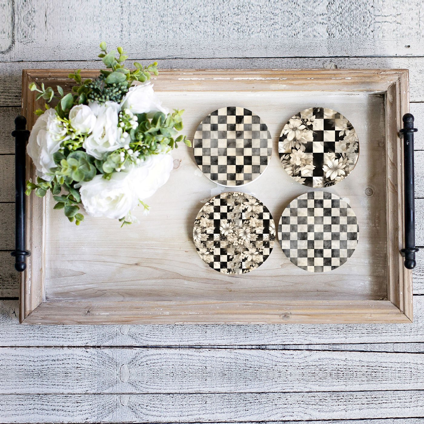Spring Ceramic Coasters Set of 4 Courtly Check Designs Absorbent Drink Coasters for Table Protection - Che Cose Belle