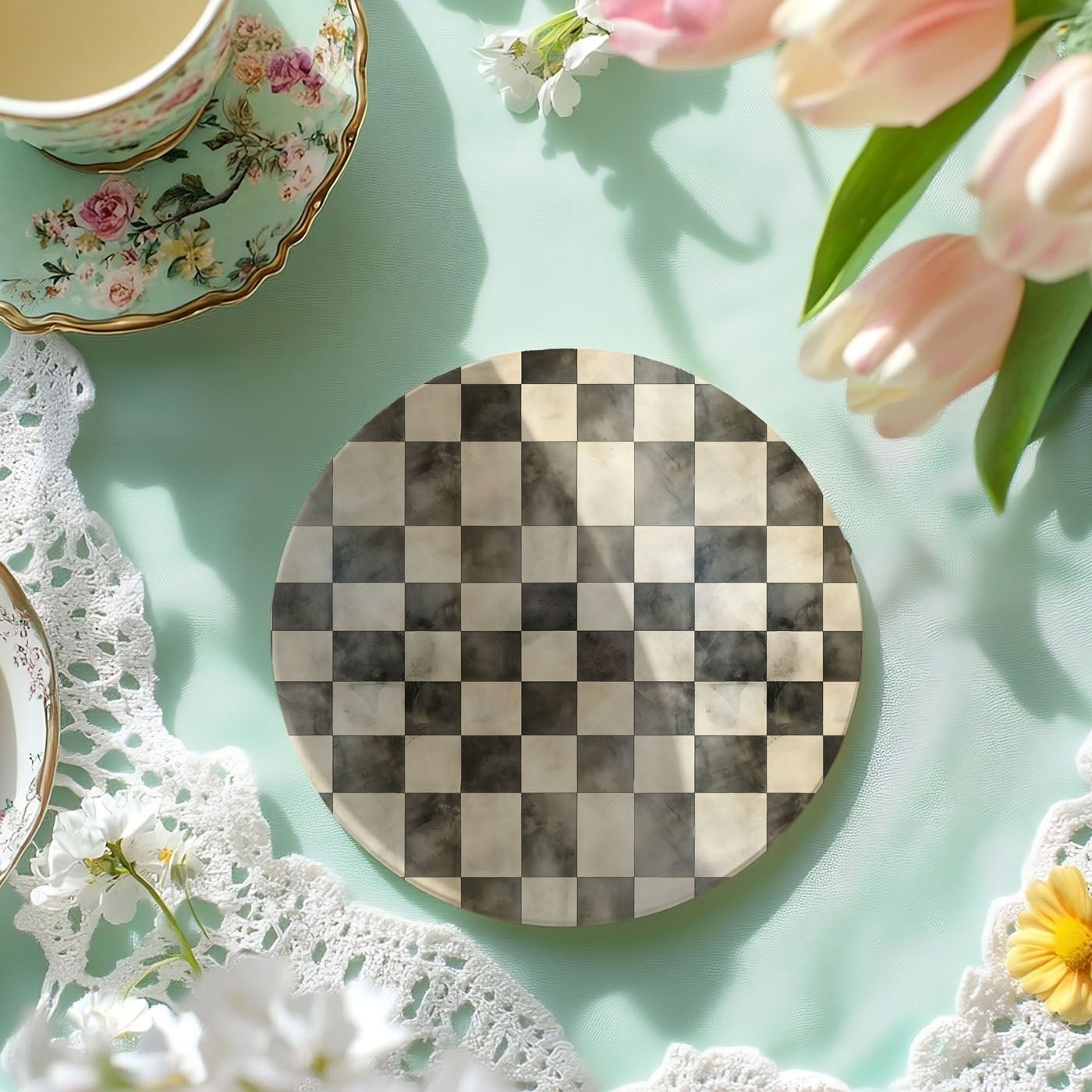 Spring Ceramic Coasters Set of 4 Courtly Check Designs Absorbent Drink Coasters for Table Protection - Che Cose Belle