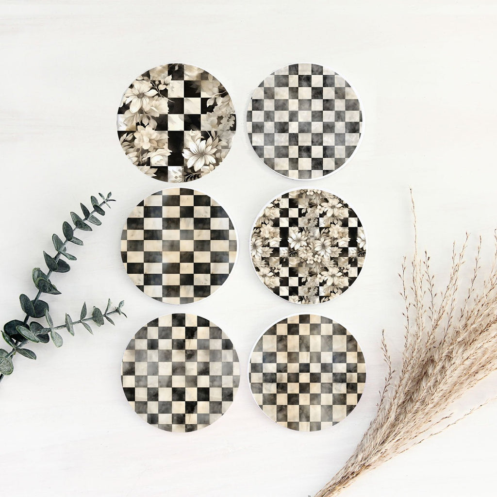 Spring Ceramic Coasters Set of 4 Courtly Check Designs Absorbent Drink Coasters for Table Protection - Che Cose Belle