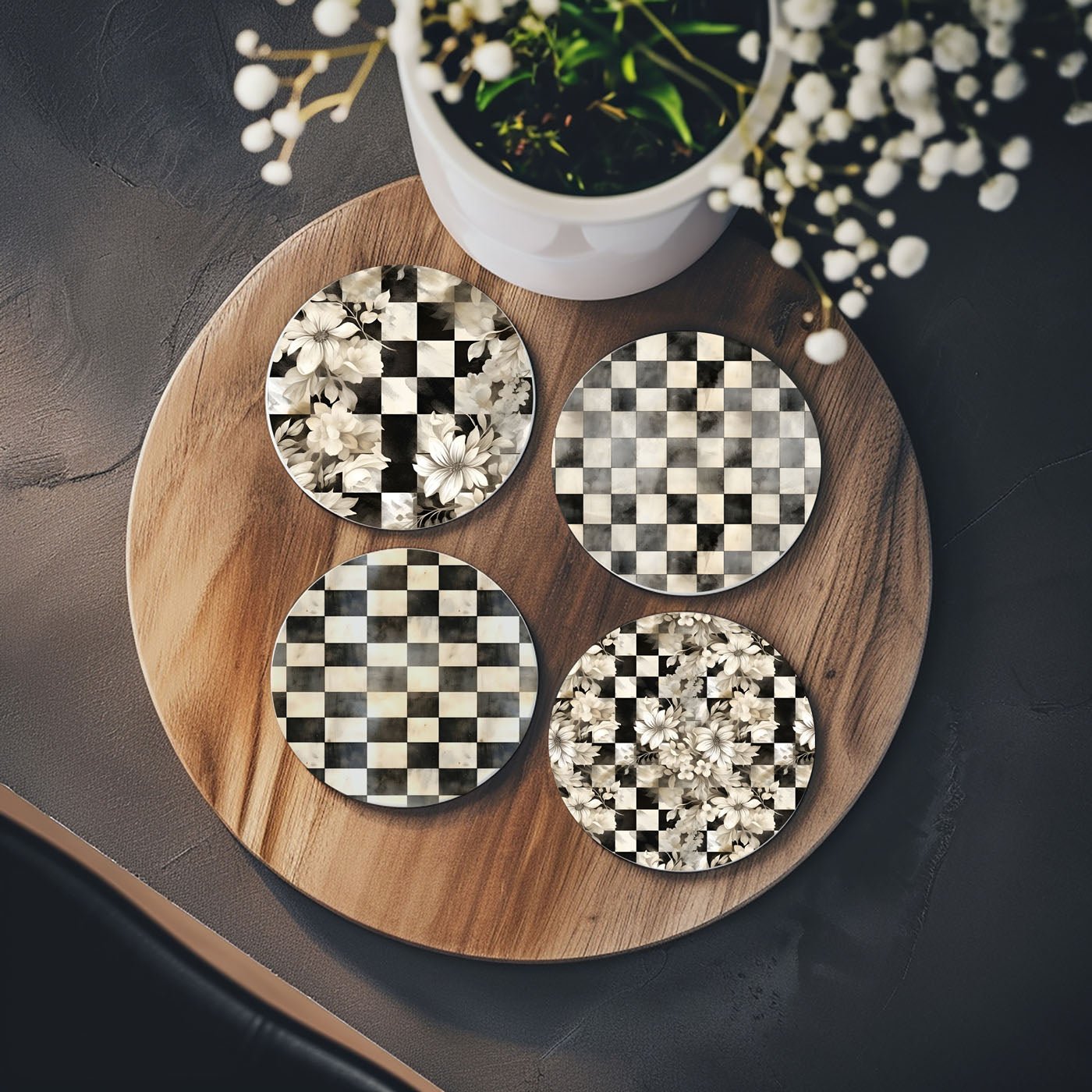 Spring Ceramic Coasters Set of 4 Courtly Check Designs Absorbent Drink Coasters for Table Protection - Che Cose Belle