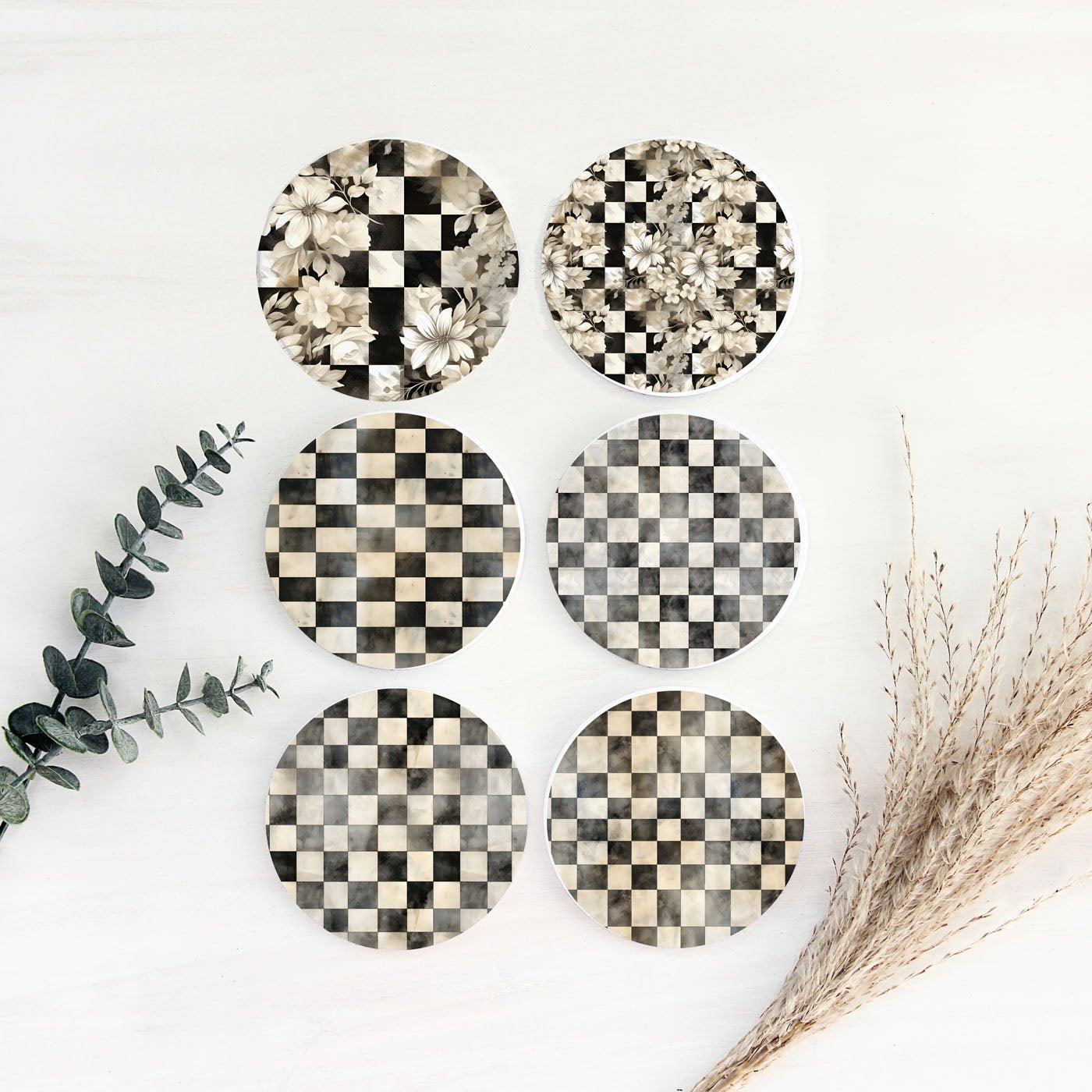 Spring Ceramic Coasters Set of 4 Courtly Check Designs Absorbent Drink Coasters for Table Protection - Che Cose Belle