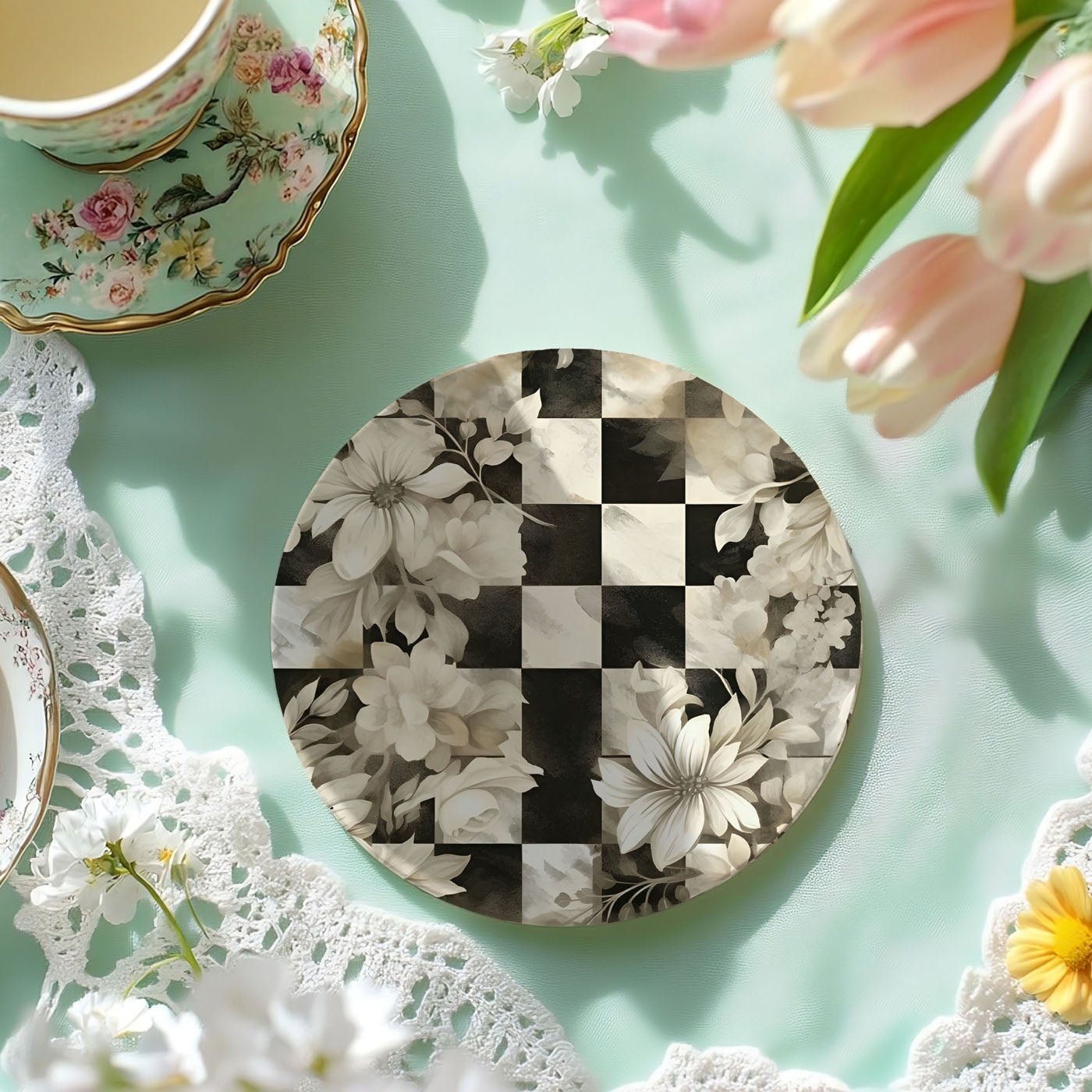 Spring Ceramic Coasters Set of 4 Courtly Check Designs Absorbent Drink Coasters for Table Protection - Che Cose Belle
