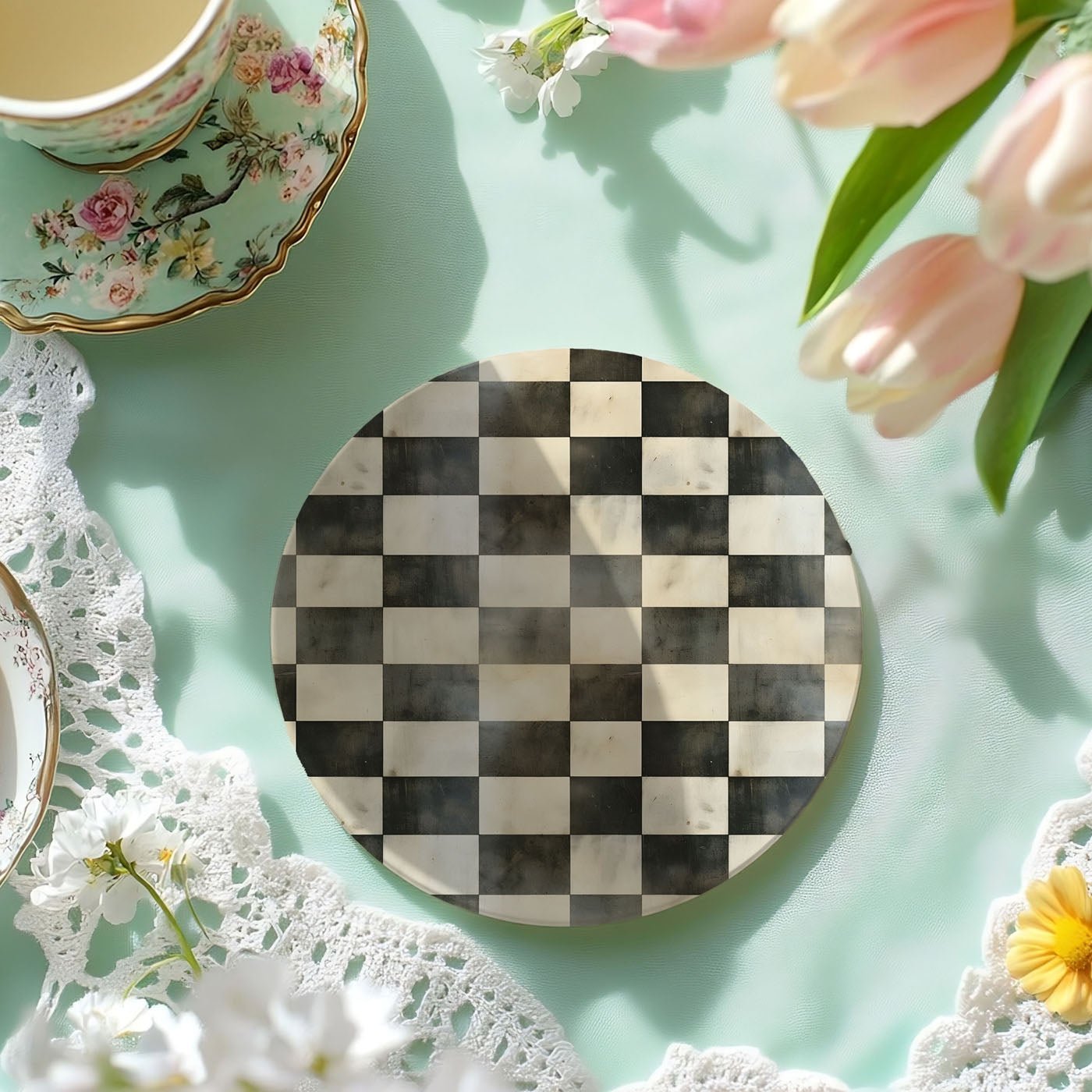 Spring Ceramic Coasters Set of 4 Courtly Check Designs Absorbent Drink Coasters for Table Protection - Che Cose Belle