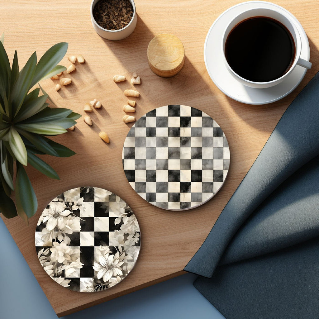 Spring Ceramic Coasters Set of 4 Courtly Check Designs Absorbent Drink Coasters for Table Protection - Che Cose Belle