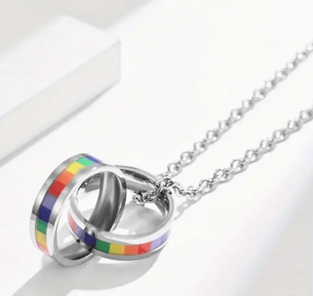 Stainless Steel Rainbow Double Ring LGBTQ Pride Necklace - Che Cose Belle