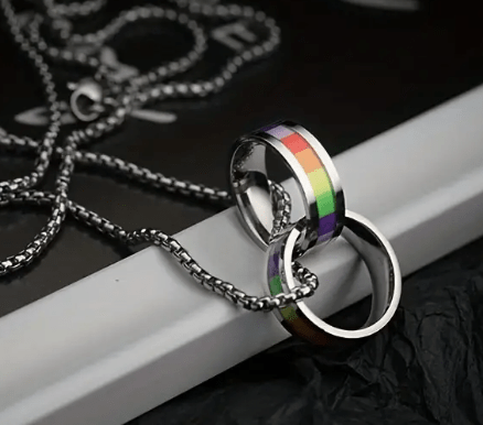 Stainless Steel Rainbow Double Ring LGBTQ Pride Necklace - Che Cose Belle