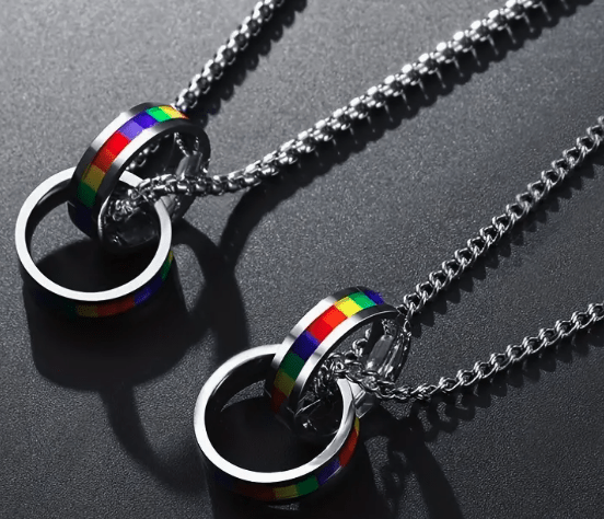 Stainless Steel Rainbow Double Ring LGBTQ Pride Necklace - Che Cose Belle