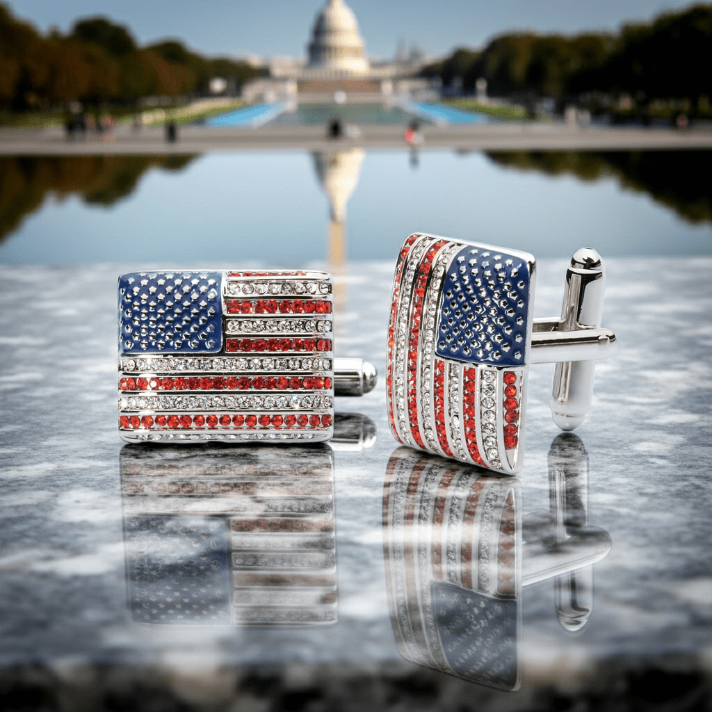 Stars & Stripes Crystal Cufflinks – American Flag Enamel & Crystal Accents - Che Cose Belle