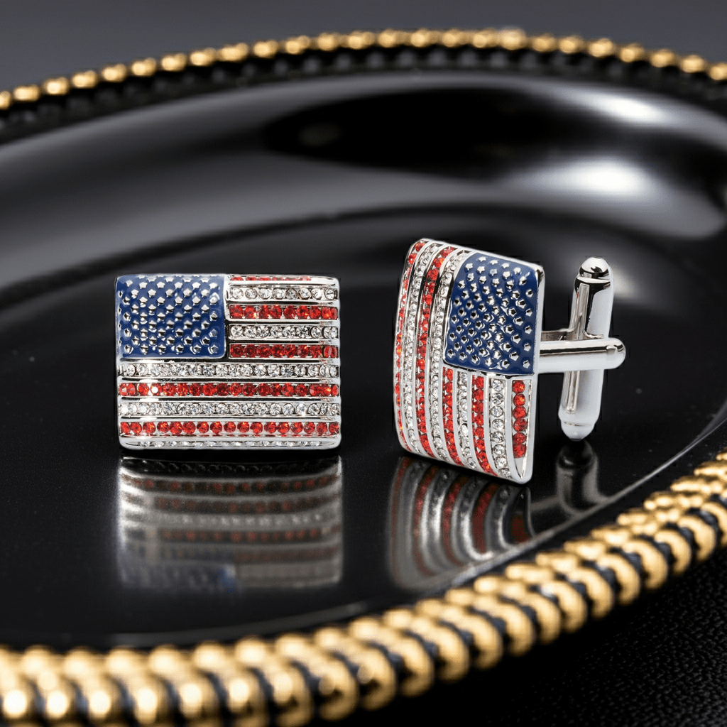 Stars & Stripes Crystal Cufflinks – American Flag Enamel & Crystal Accents - Che Cose Belle