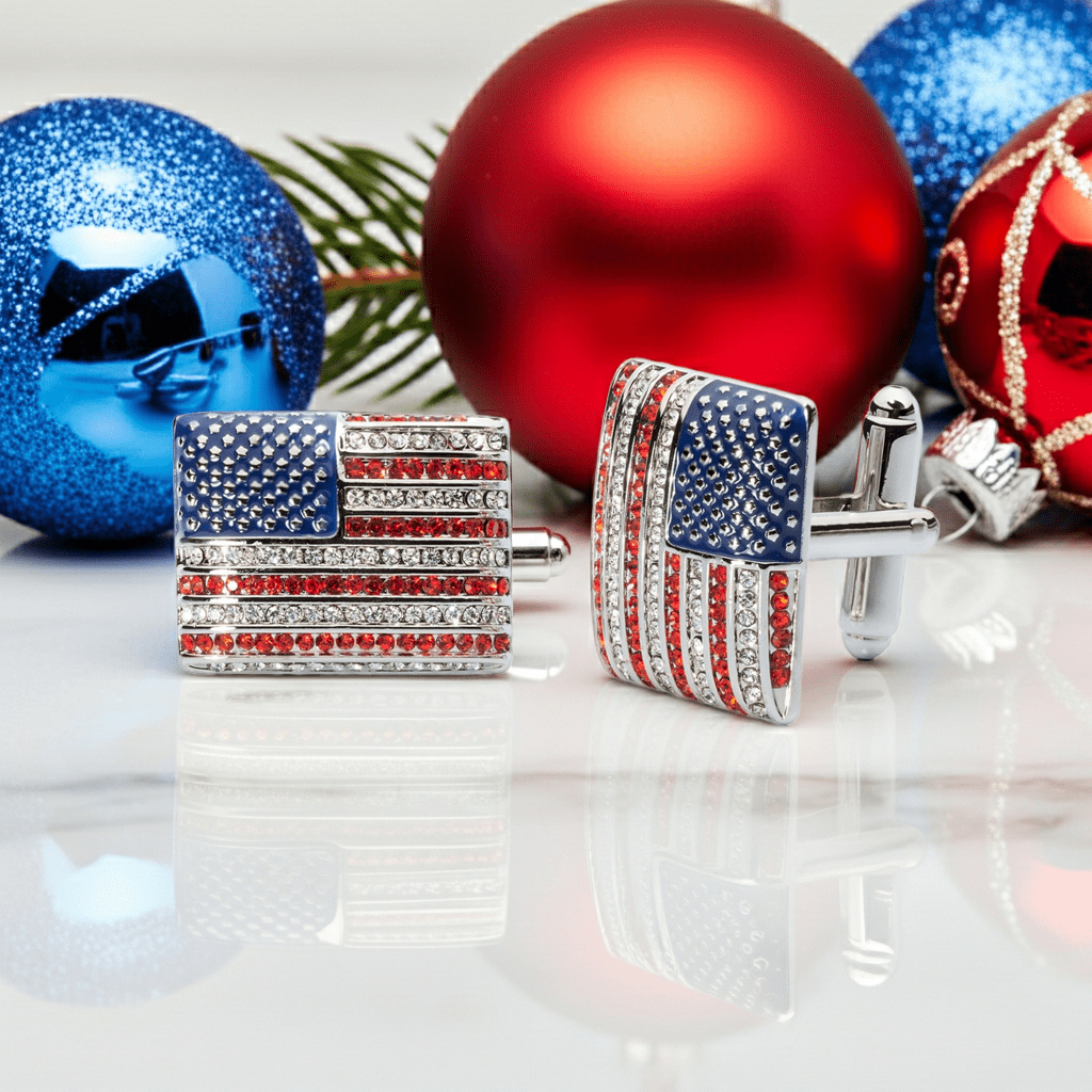 Stars & Stripes Crystal Cufflinks – American Flag Enamel & Crystal Accents - Che Cose Belle
