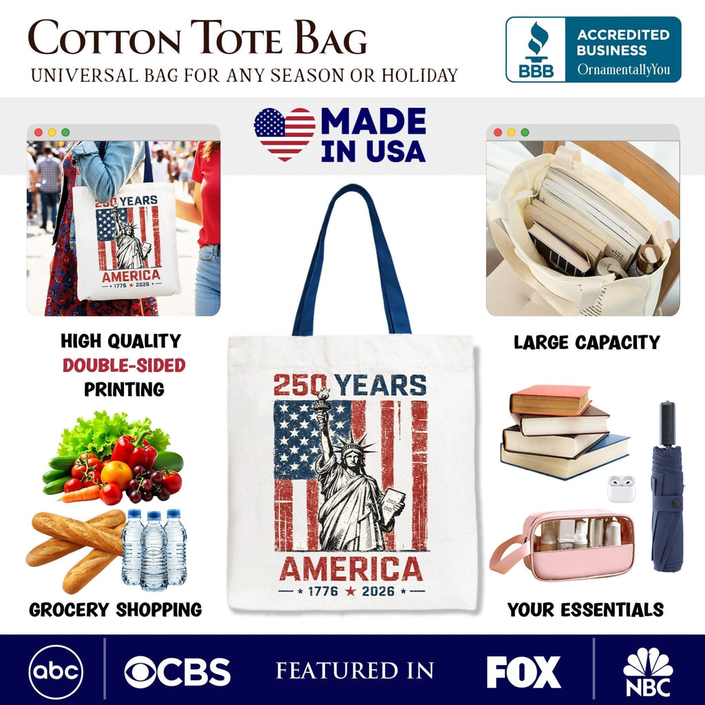 Statue of Liberty America Flag 250 Years Tote Bag, 4th of July USA Patriotic 1776–2026 Gift Shopper - Che Cose Belle