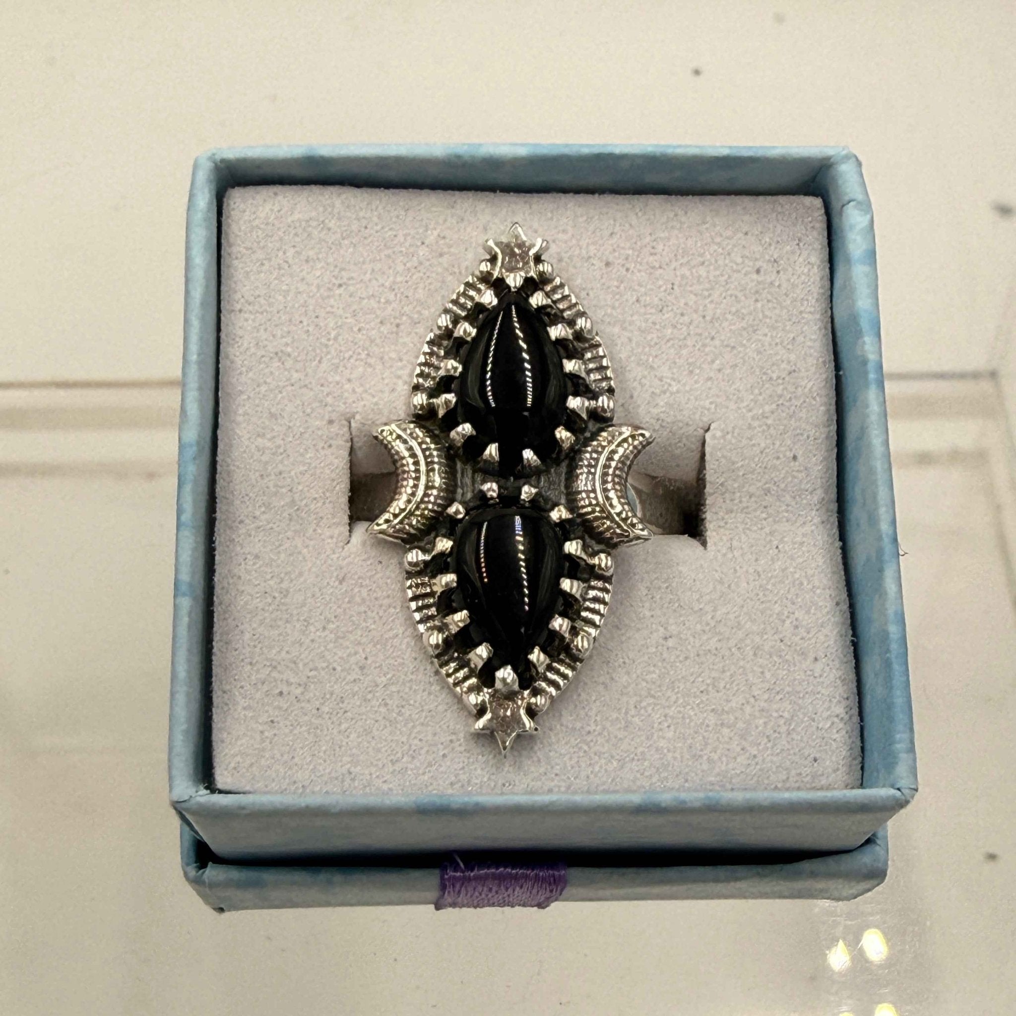 Sterling Silver Double Teardrop Celestial Black Onyx Ring - Size 9 - Protective, Grounding & Stabilizing - Che Cose Belle