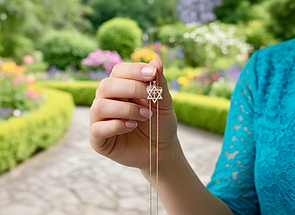 Sterling silver messianic star of david necklace with gold inlayed gold cross at the center crucifix seal of solomon - Che Cose Belle
