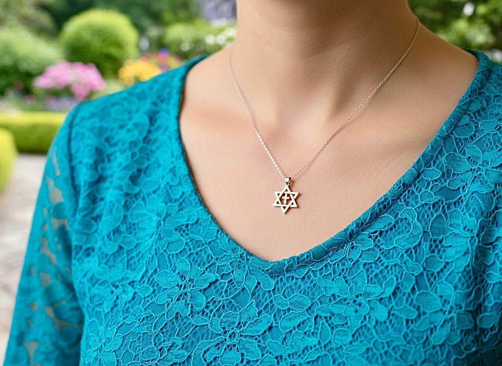 Sterling silver messianic star of david necklace with gold inlayed gold cross at the center crucifix seal of solomon - Che Cose Belle