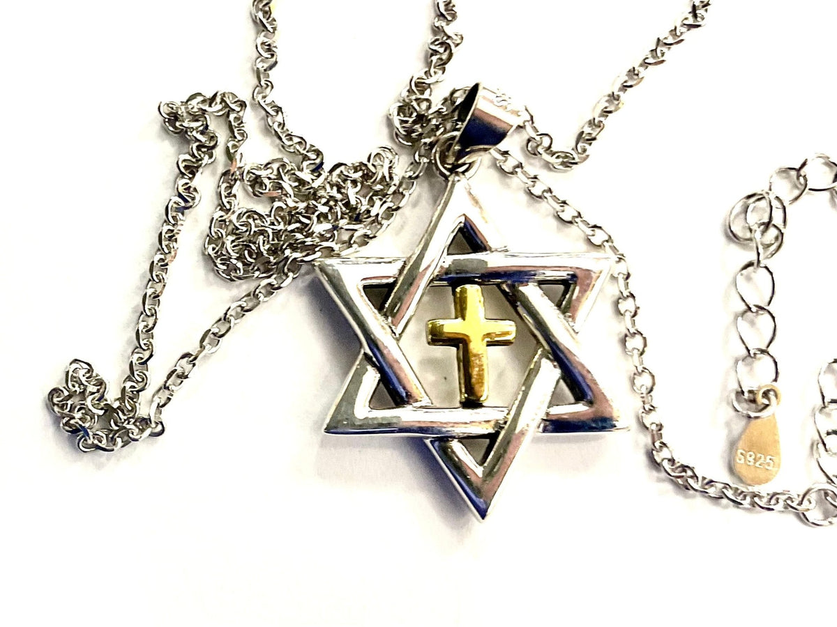 Sterling silver messianic star of david necklace with gold inlayed gold cross at the center crucifix seal of solomon - Che Cose Belle
