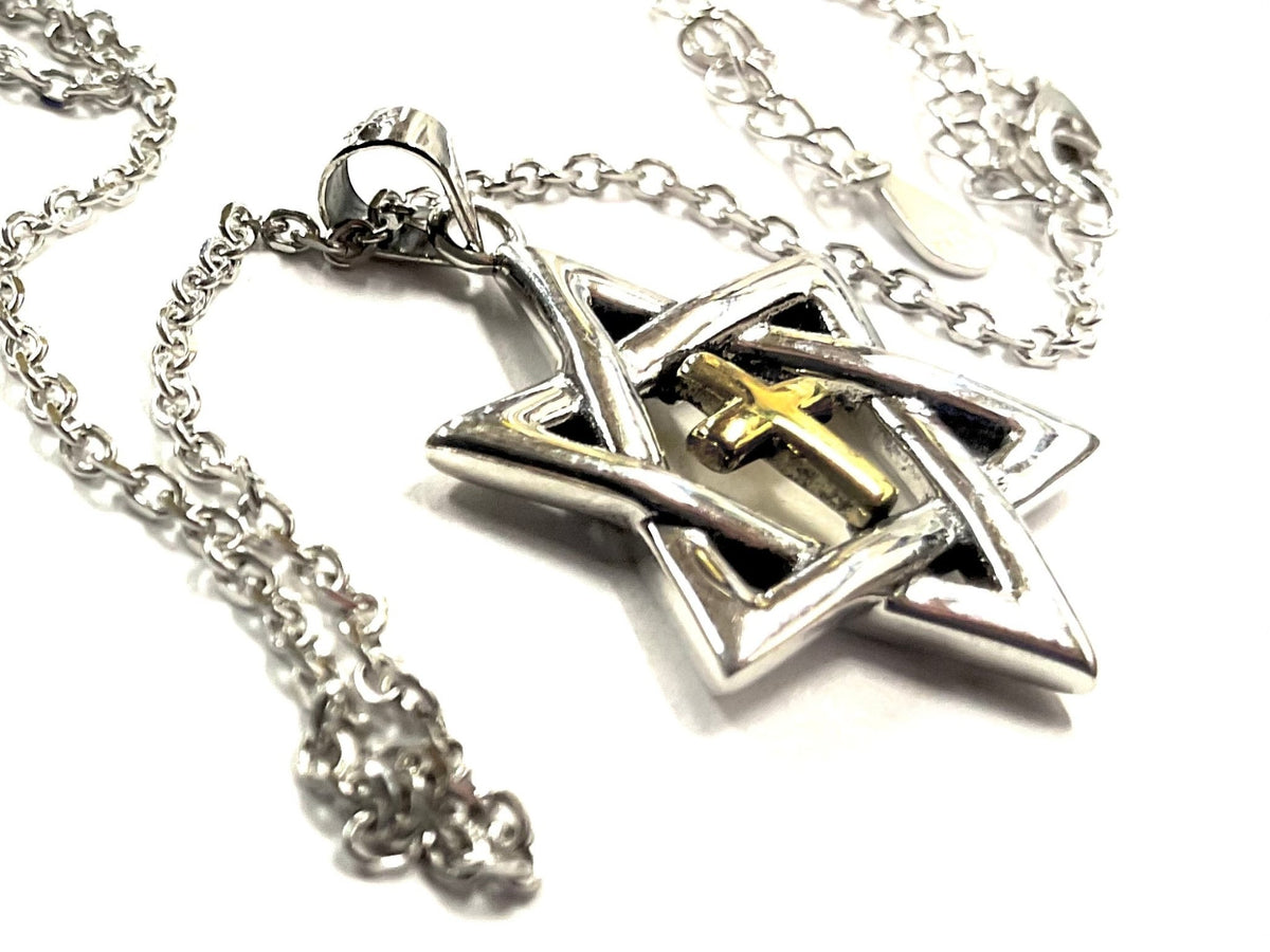 Sterling silver messianic star of david necklace with gold inlayed gold cross at the center crucifix seal of solomon - Che Cose Belle