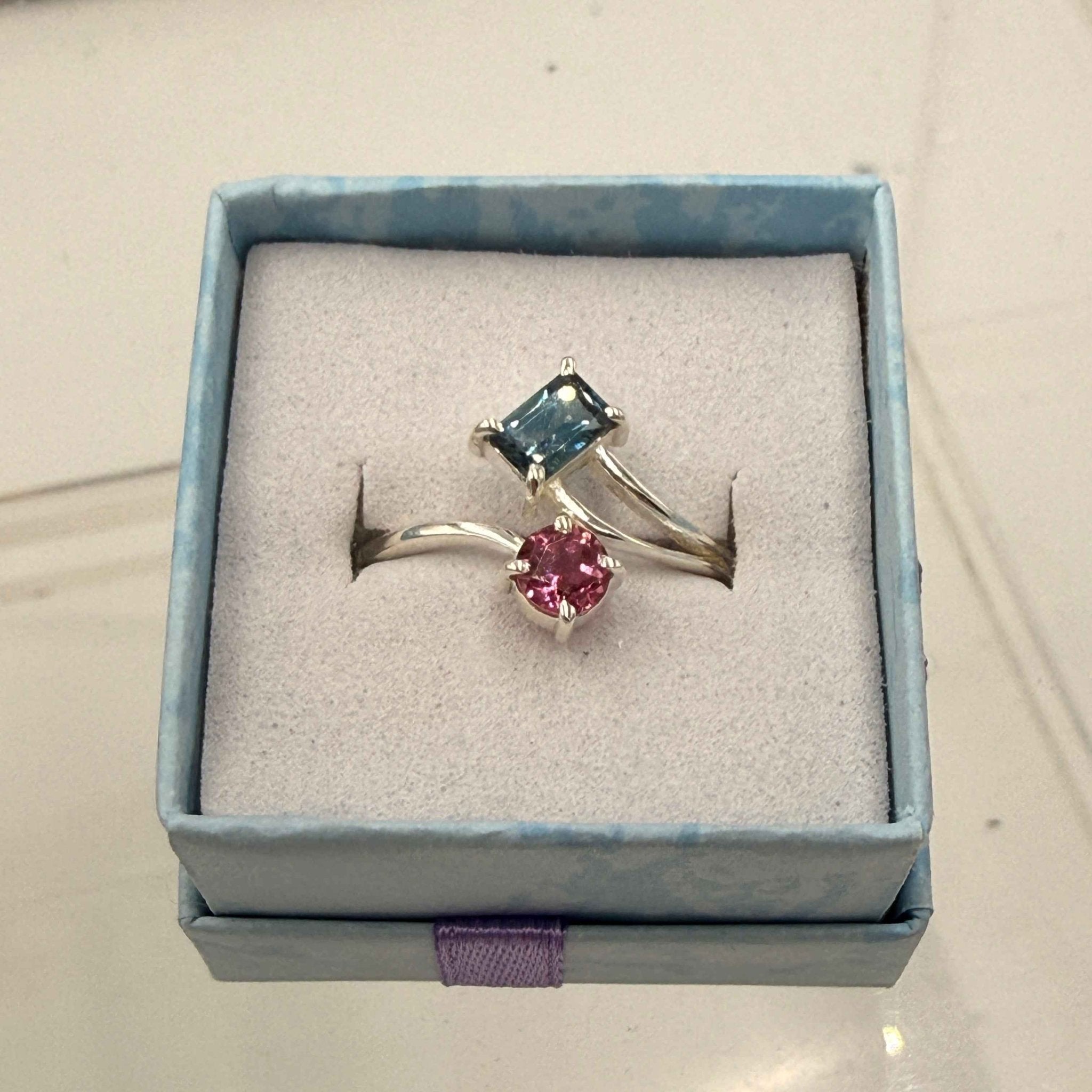 Sterling Silver Pink & Blue Tourmaline Ring - Size 10 - Healing, Calm & Loving - Che Cose Belle