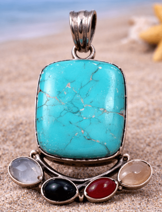 Sterling Silver Turquoise, Chalcedony, Onyx & Carnelian Pendant – Coastal Statement Jewelry - Che Cose Belle