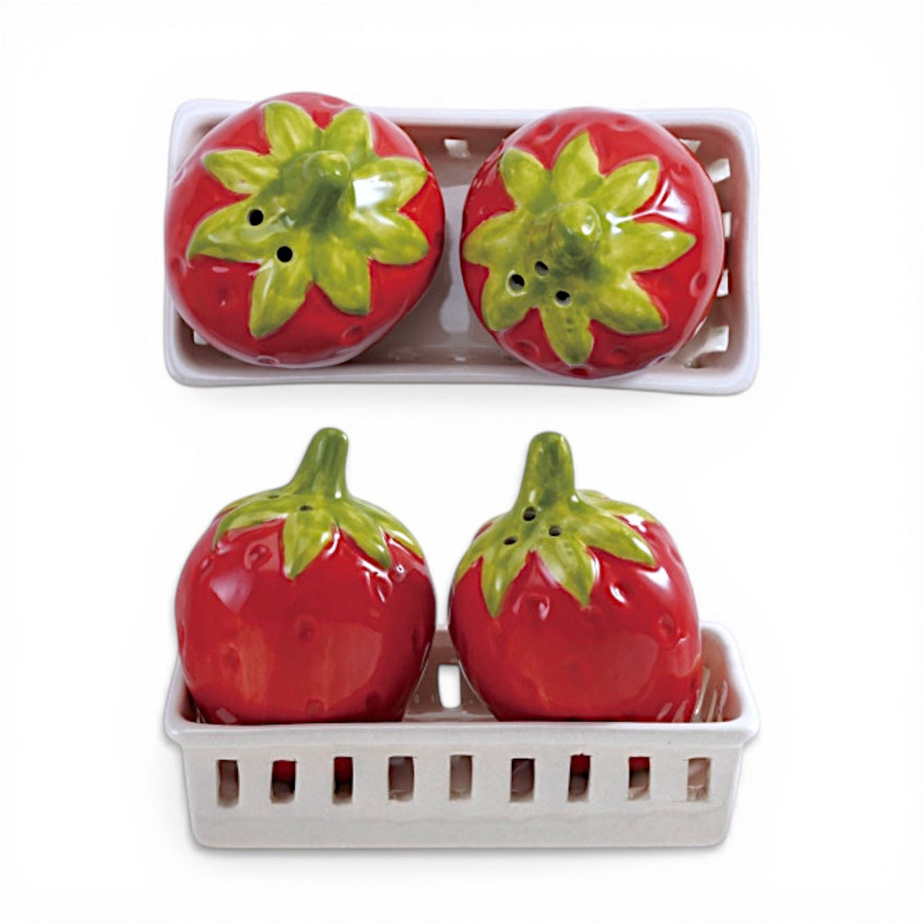 Strawberry Salt & Pepper Shaker Set with Berry Basket Holder - Che Cose Belle