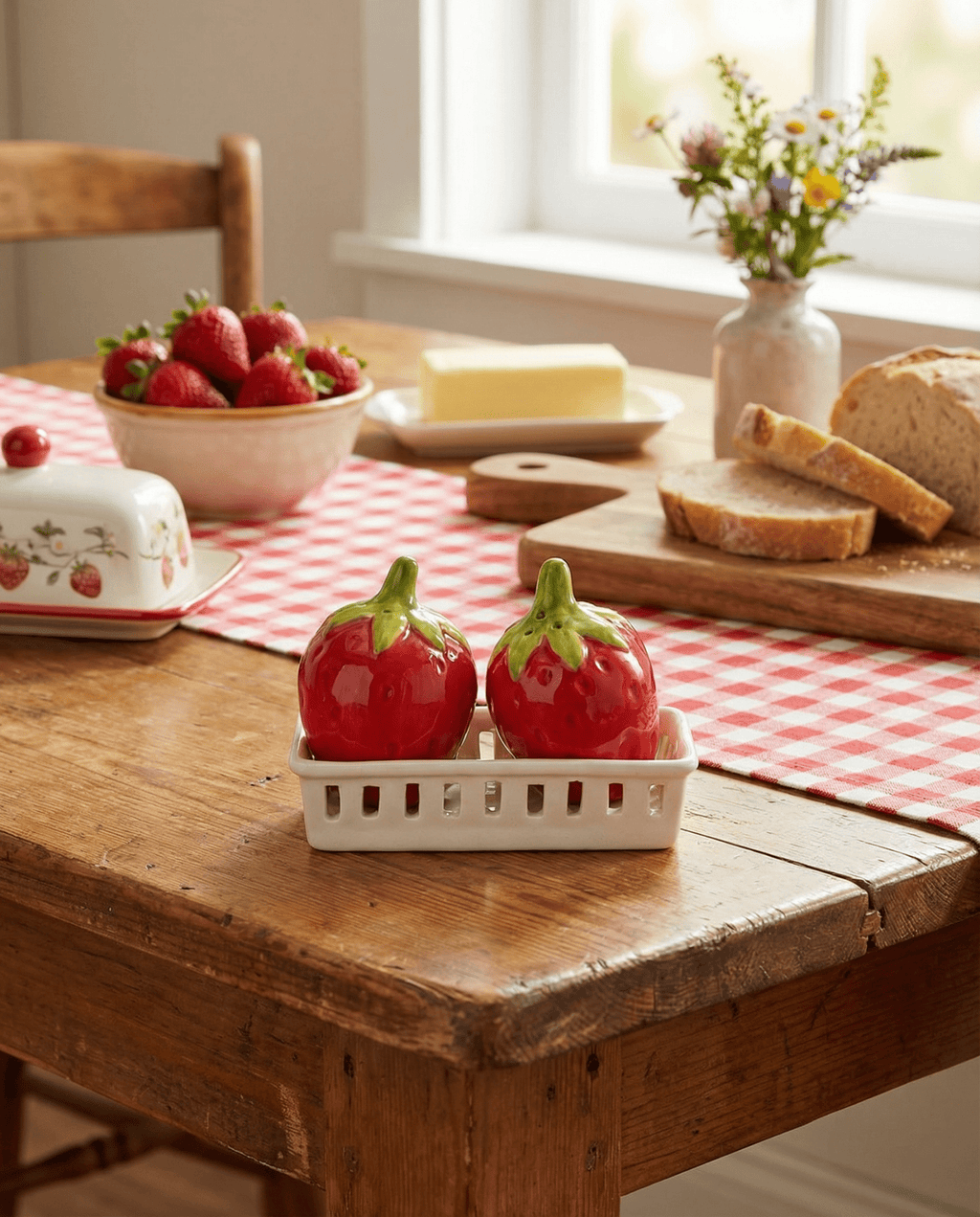 Strawberry Salt & Pepper Shaker Set with Berry Basket Holder - Che Cose Belle