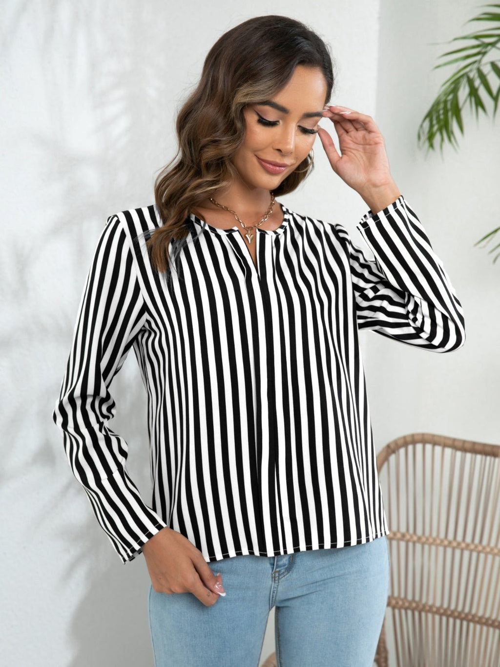 Striped Long Sleeve Notched Blouse - Che Cose Belle