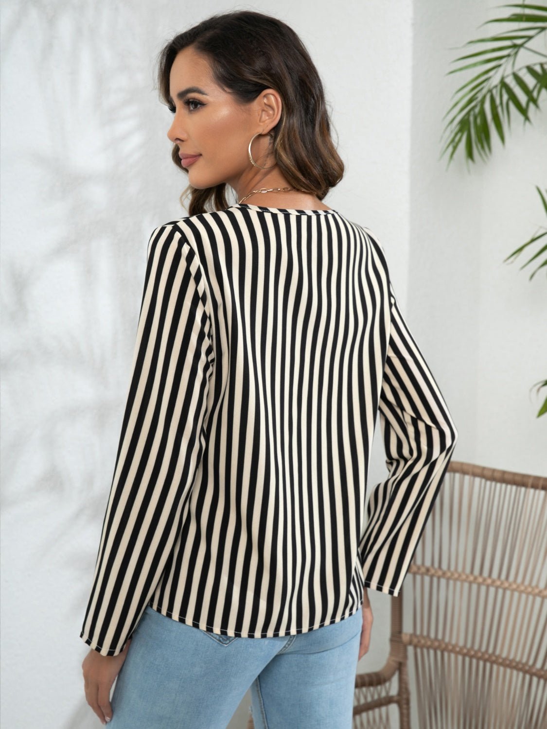 Striped Long Sleeve Notched Blouse - Che Cose Belle
