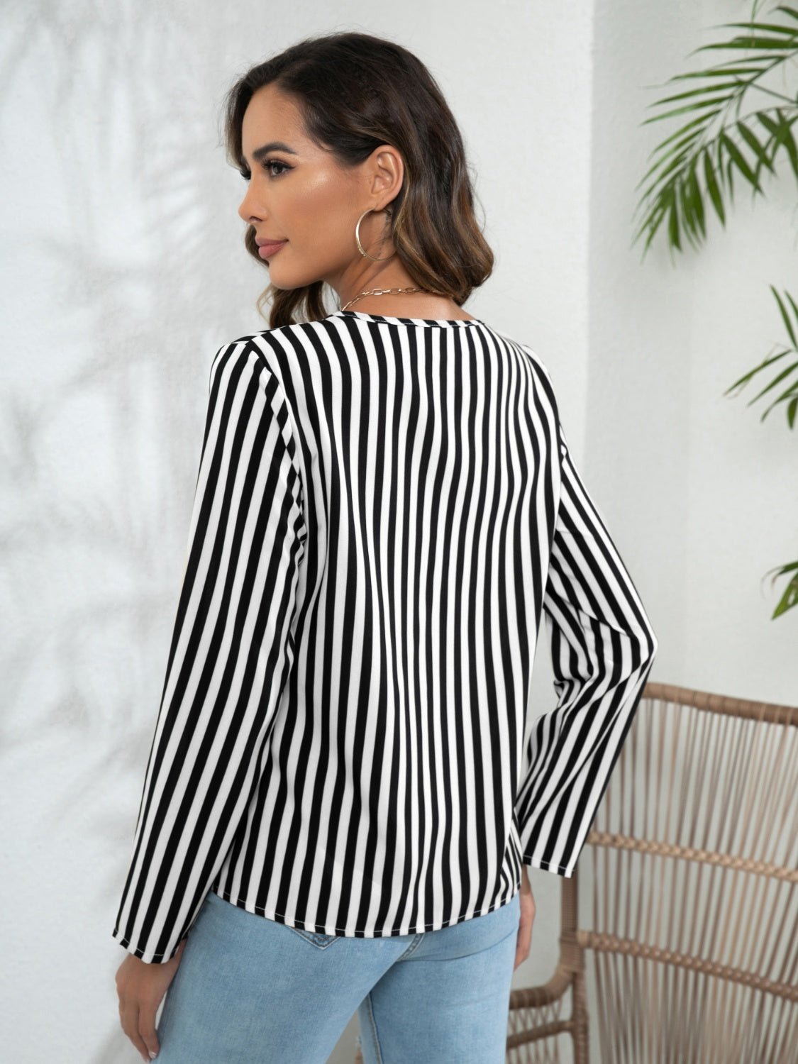 Striped Long Sleeve Notched Blouse - Che Cose Belle