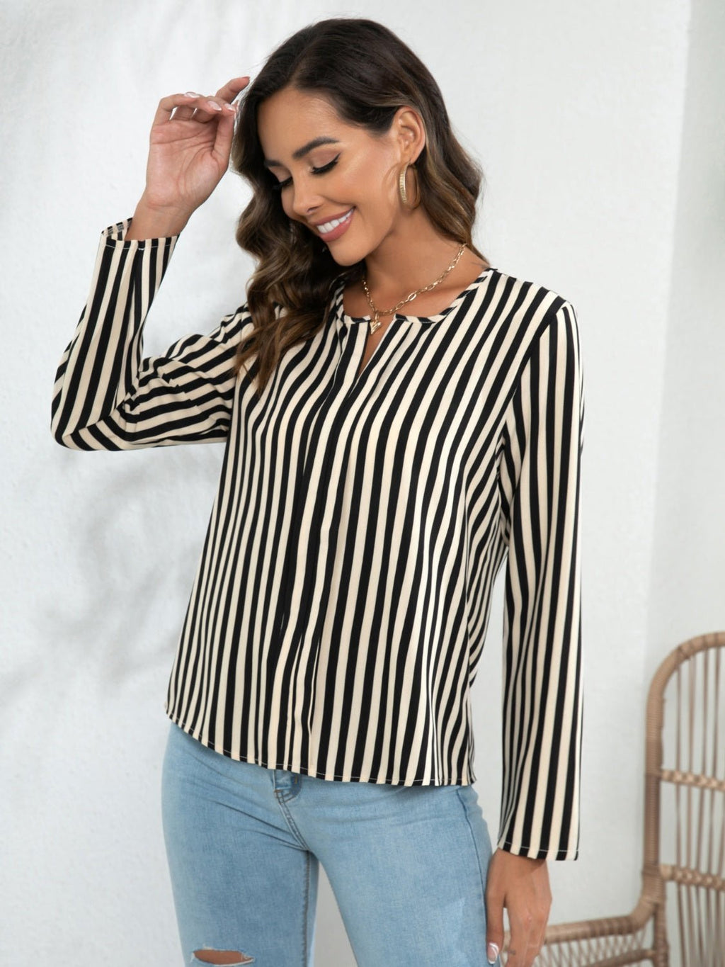 Striped Long Sleeve Notched Blouse - Che Cose Belle