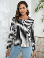 Striped Long Sleeve Notched Blouse - Che Cose Belle