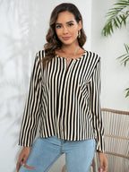 Striped Long Sleeve Notched Blouse - Che Cose Belle
