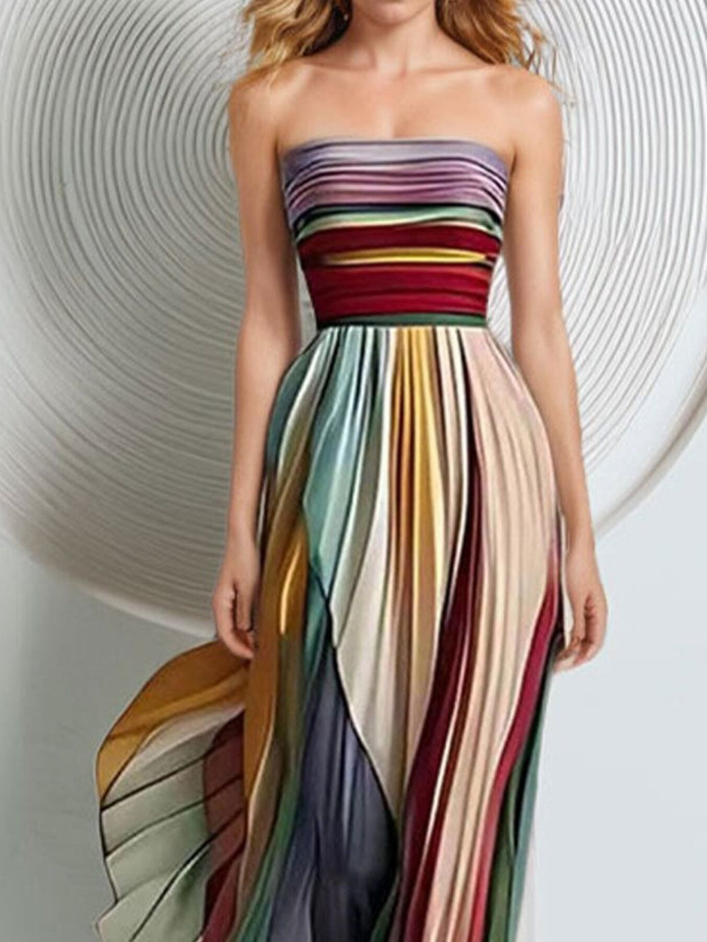 Striped Pleated Strapless Maxi Dress - Che Cose Belle