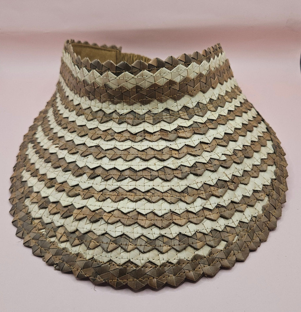 Striped Woven Palm Leaf Visor – Straw Sun Hat | Blue, Green, or Natural | Elastic Back - Che Cose Belle
