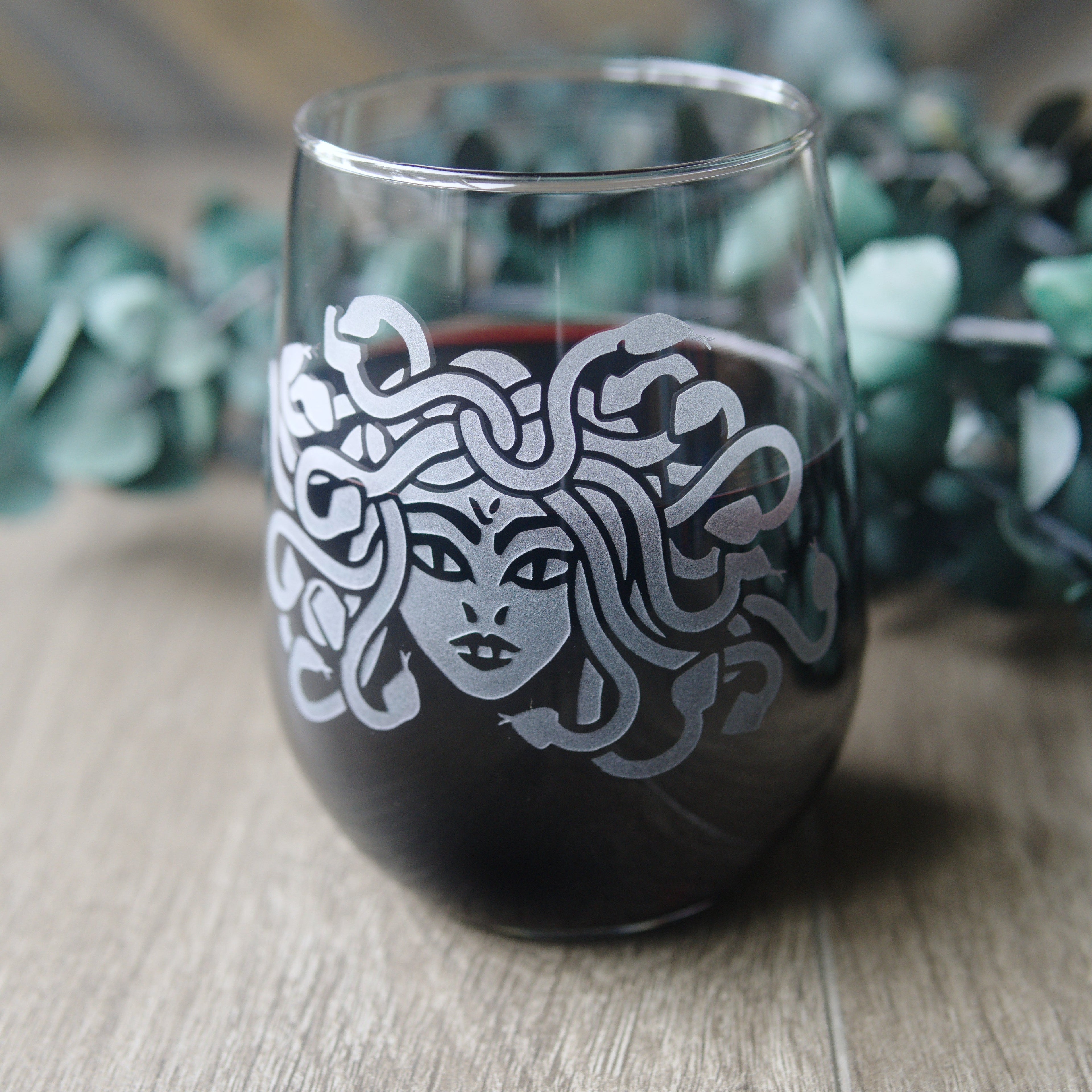 Medusa Stemless Wine Glass - etched glassware