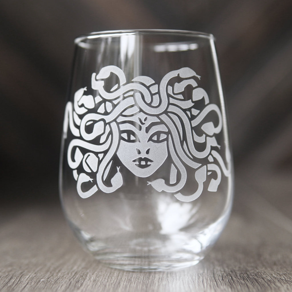 Medusa Stemless Wine Glass - etched glassware