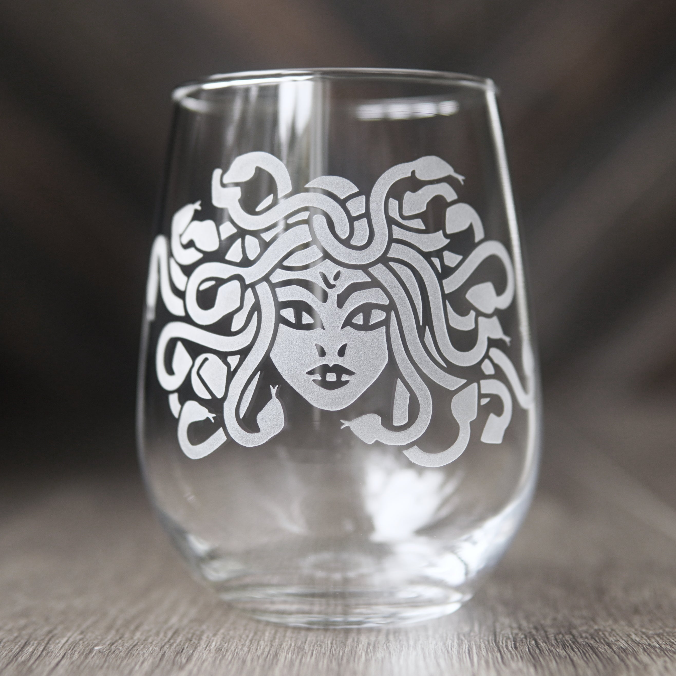 Medusa Stemless Wine Glass - etched glassware
