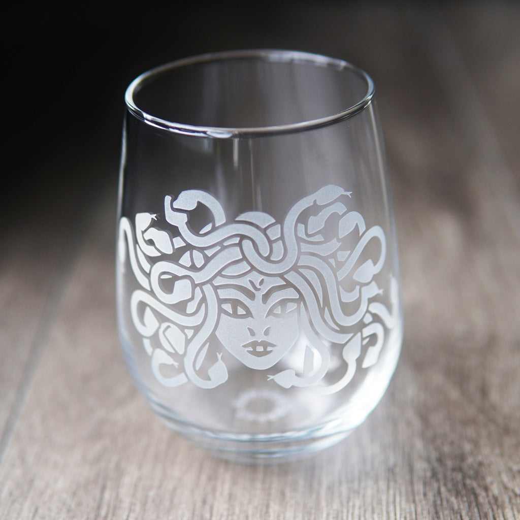Medusa Stemless Wine Glass - etched glassware