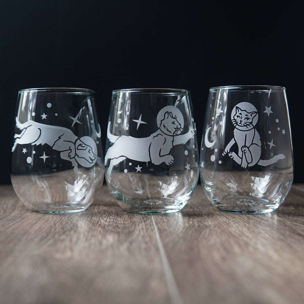 Space Dog Stemless Wine Glass - etched glassware