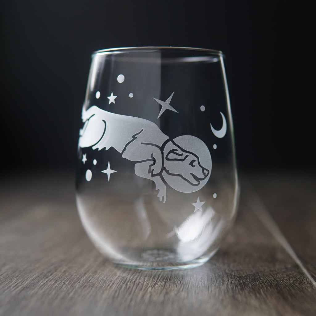 Space Dog Stemless Wine Glass - etched glassware