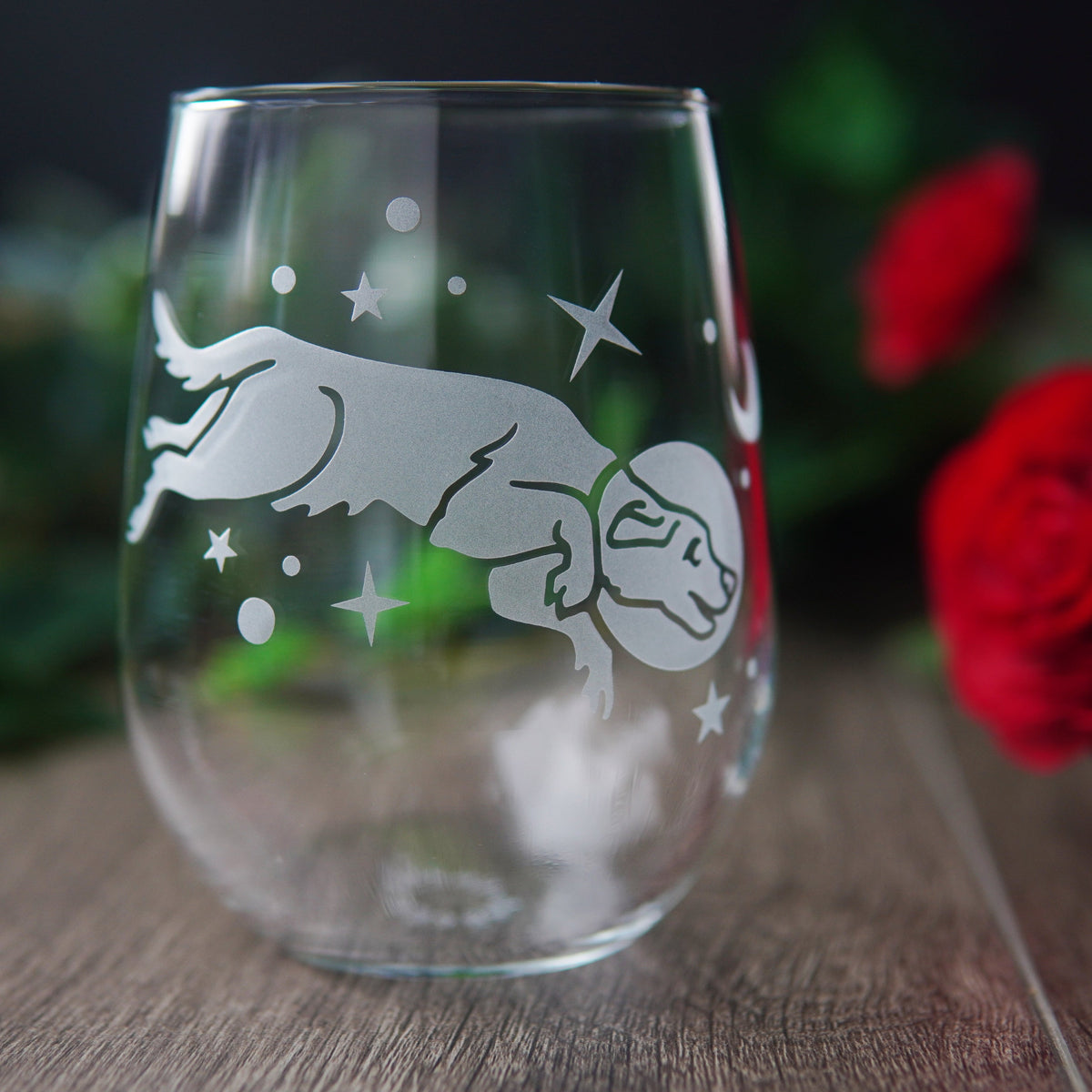 Space Dog Stemless Wine Glass - etched glassware