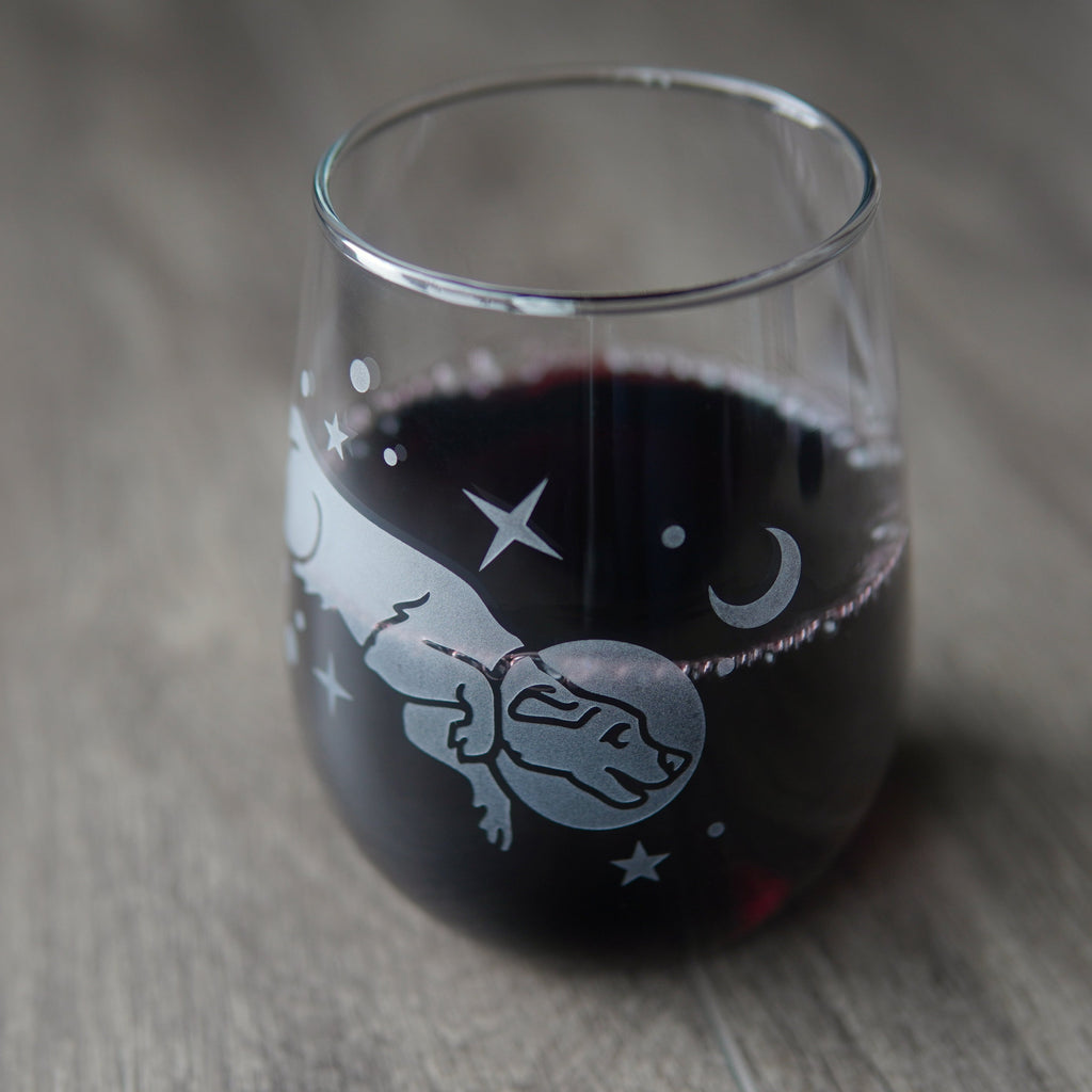 Space Dog Stemless Wine Glass - etched glassware