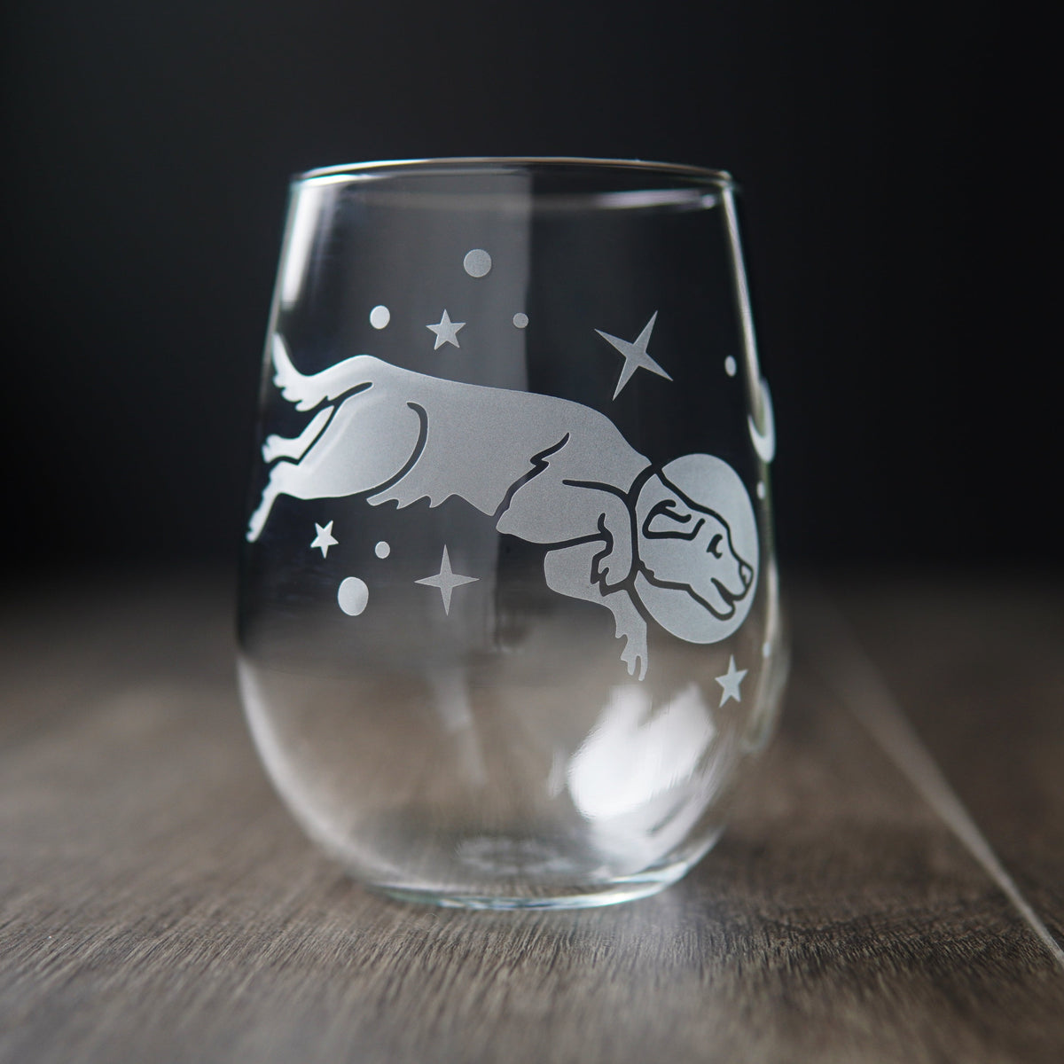 Space Dog Stemless Wine Glass - etched glassware