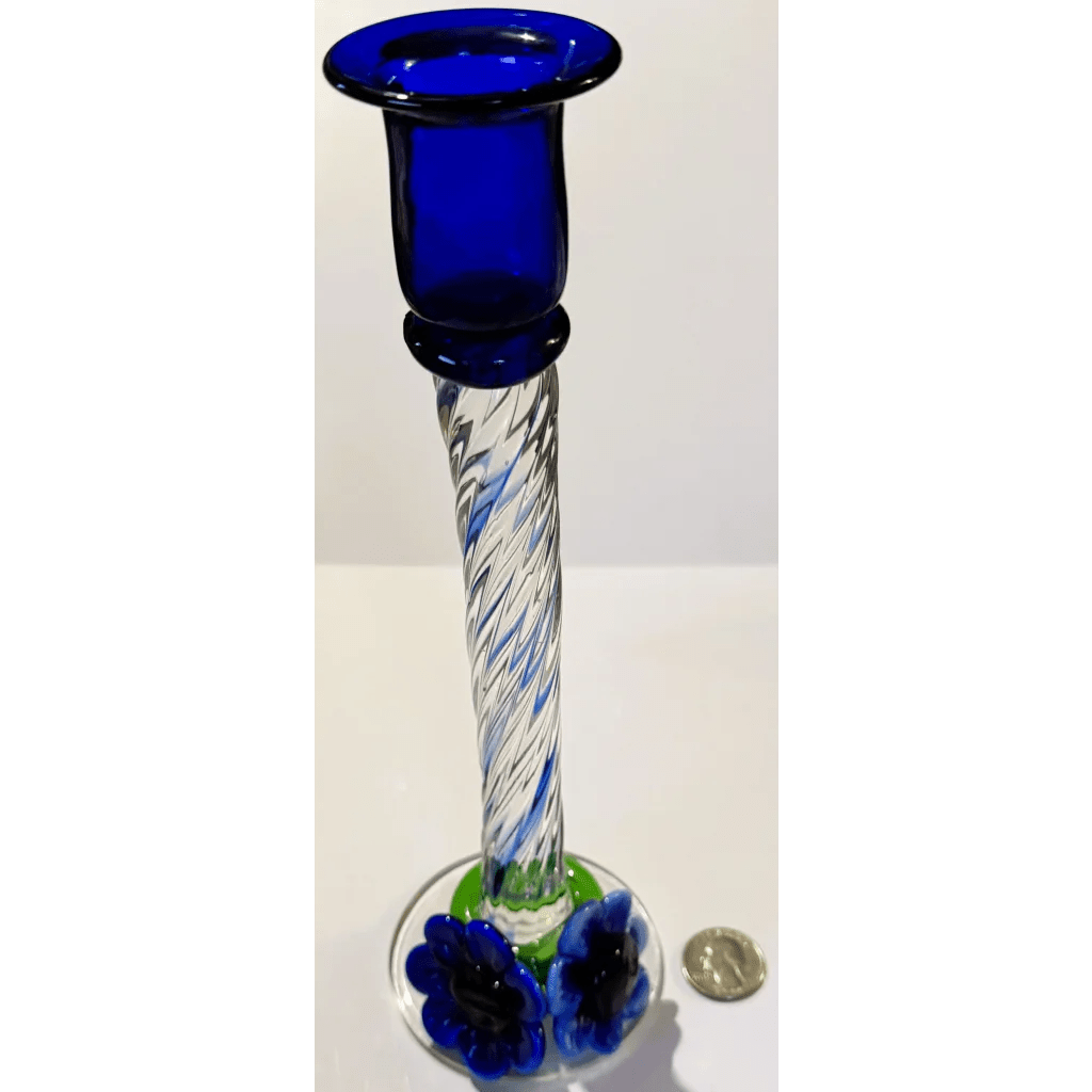 Stunning Blue Art Glass Candlesticks with Twisted Stems and Flowers - Che Cose Belle