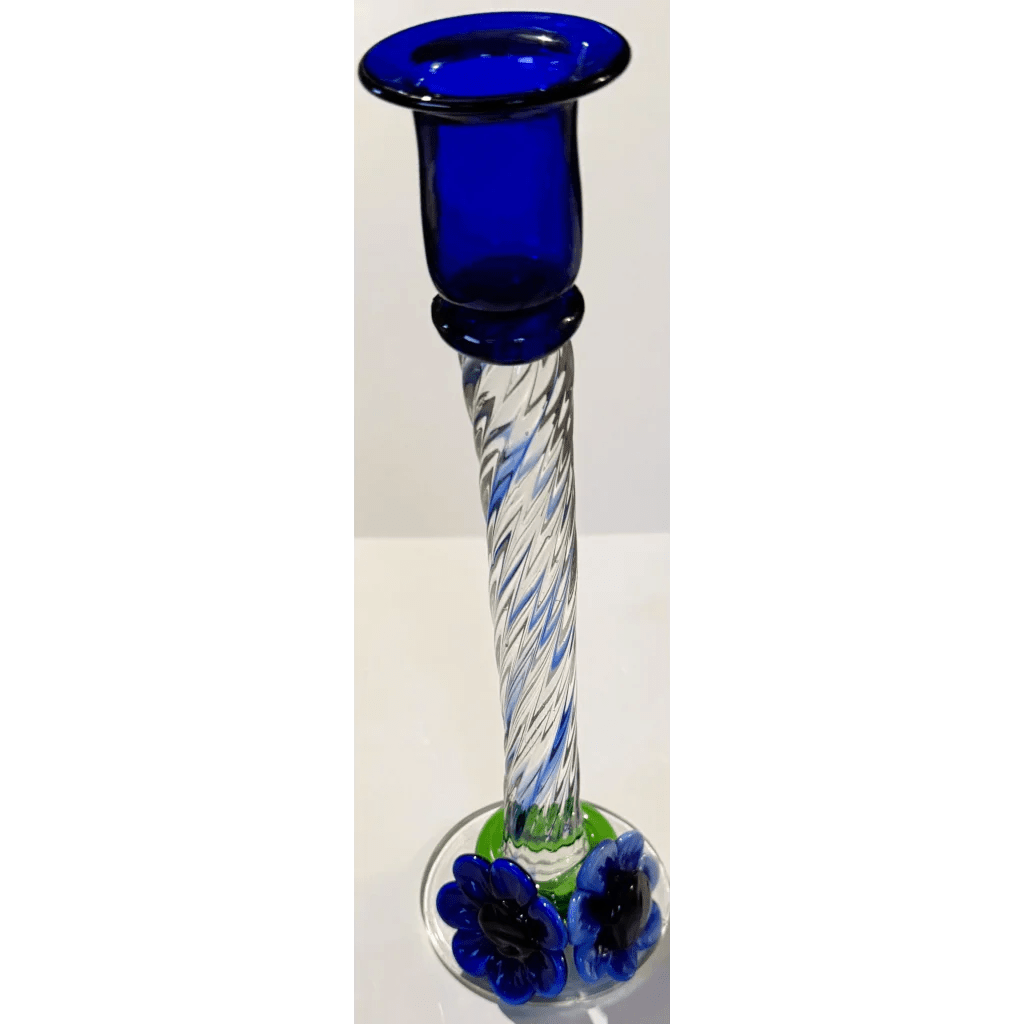 Stunning Blue Art Glass Candlesticks with Twisted Stems and Flowers - Che Cose Belle