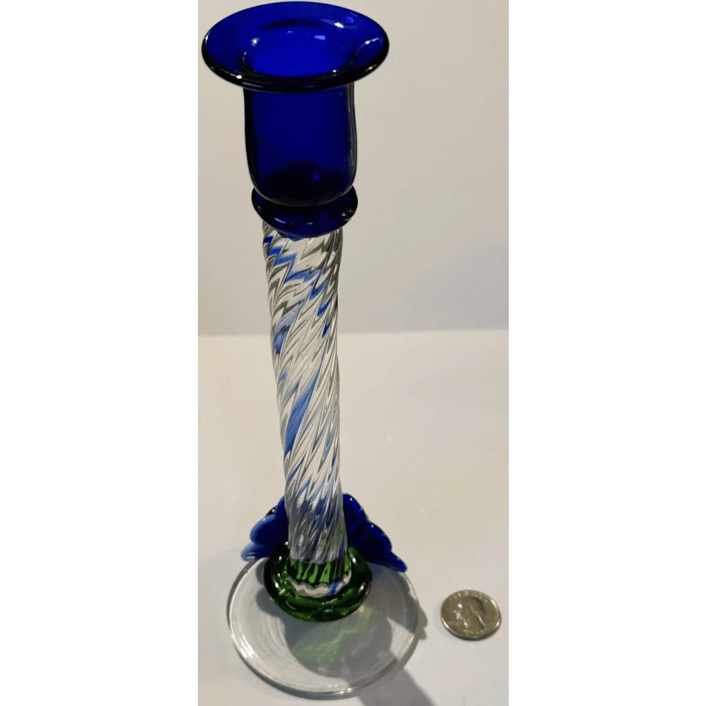 Stunning Blue Art Glass Candlesticks with Twisted Stems and Flowers - Che Cose Belle